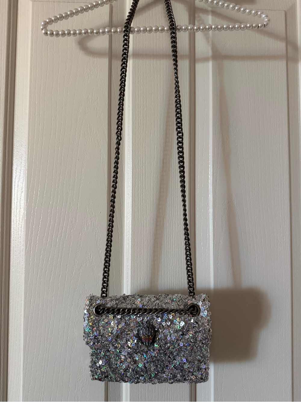Kurt Geiger London Mini Kensington Silver Sequin Crossbody Bag - Picture 7 of 9